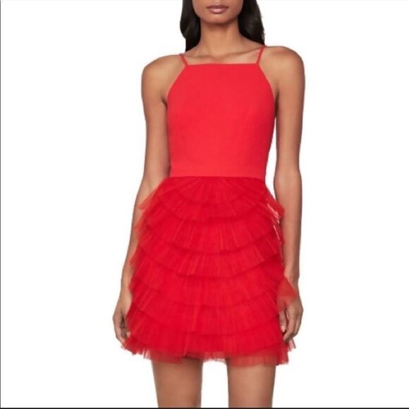 Bcbgmaxazria Sleeveless Red Ruffled Tulle Tiered Party Mini Cocktail Dress Red 0 - Picture 1 of 7